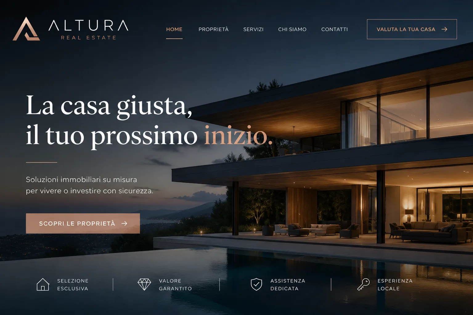 Home del sito Altura Real Estate: villa moderna al tramonto e titolo la casa giusta, il tuo prossimo inizio